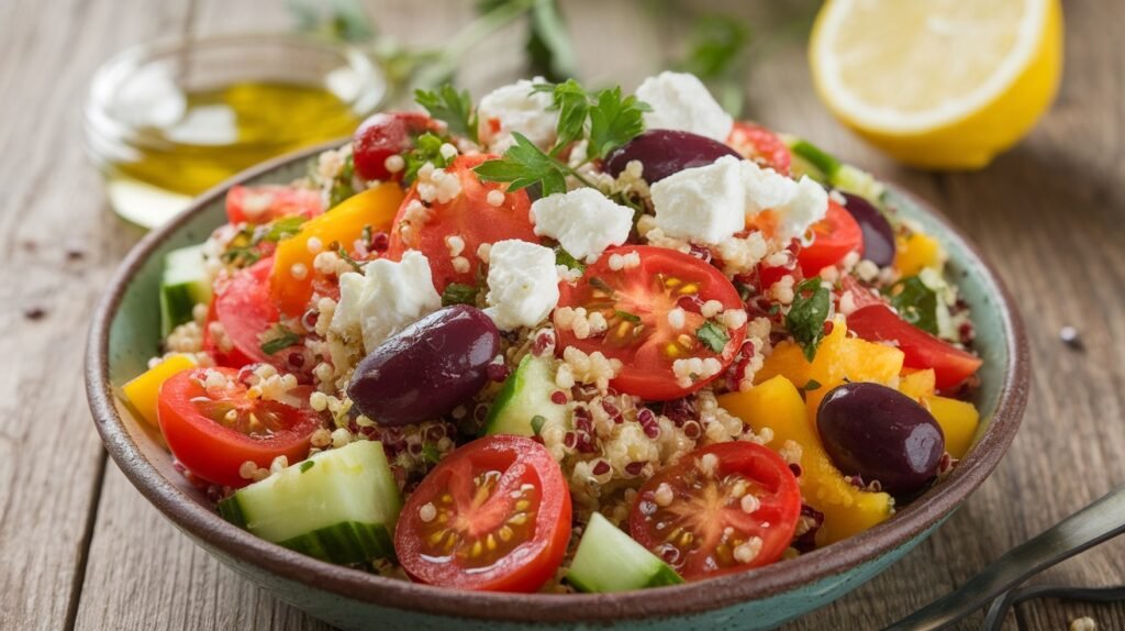 Mediterranean Greek Quinoa Salad Recipe A vibrant Mediterranean Greek quinoa salad with cherry tomatoes, cucumber, bell pepper, olives, and feta on a rustic table.