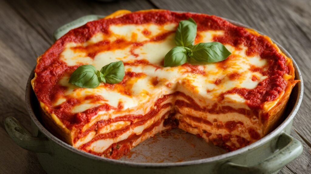 Slow Cooker Lasagna with Ricotta Recipe A slice of slow cooker lasagna with ricotta, showing layers of cheese and sauce, garnished with basil.