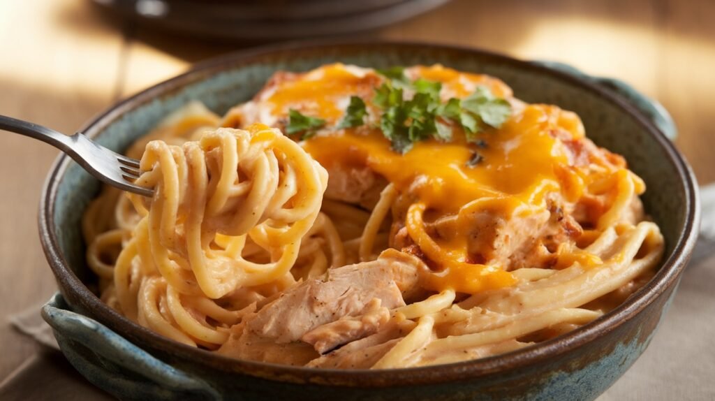 Creamy Chicken Spaghetti Recipe Creamy chicken spaghetti topped with cheese and parsley in a rustic bowl.