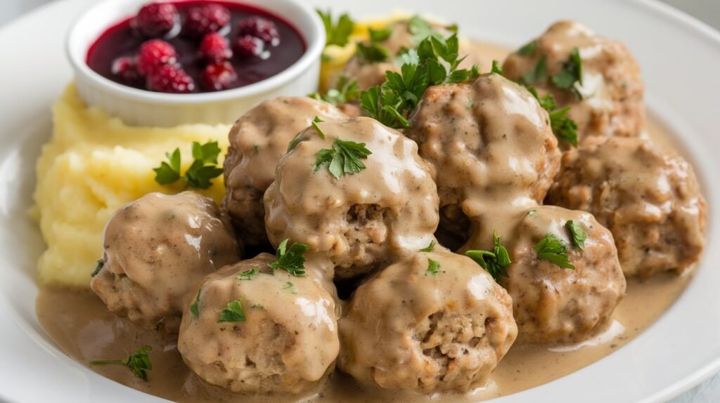 Classic Swedish Meatballs Recipe A serving of Swedish meatballs in gravy with mashed potatoes and lingonberry sauce on a decorative plate.