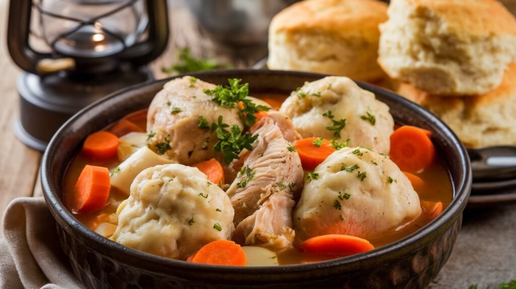 Homestyle Chicken and Dumplings with Fluffy Biscuits A comforting bowl of chicken and dumplings with dumplings and biscuits, garnished with parsley.