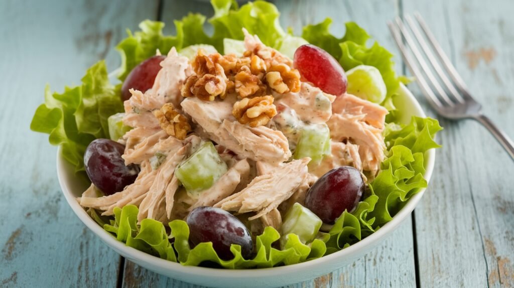 Delicious Chicken Salad with Grapes Recipe A bowl of chicken salad with grapes, celery, and walnuts on a wooden table.
Chicken Salad Recipe with Grapes