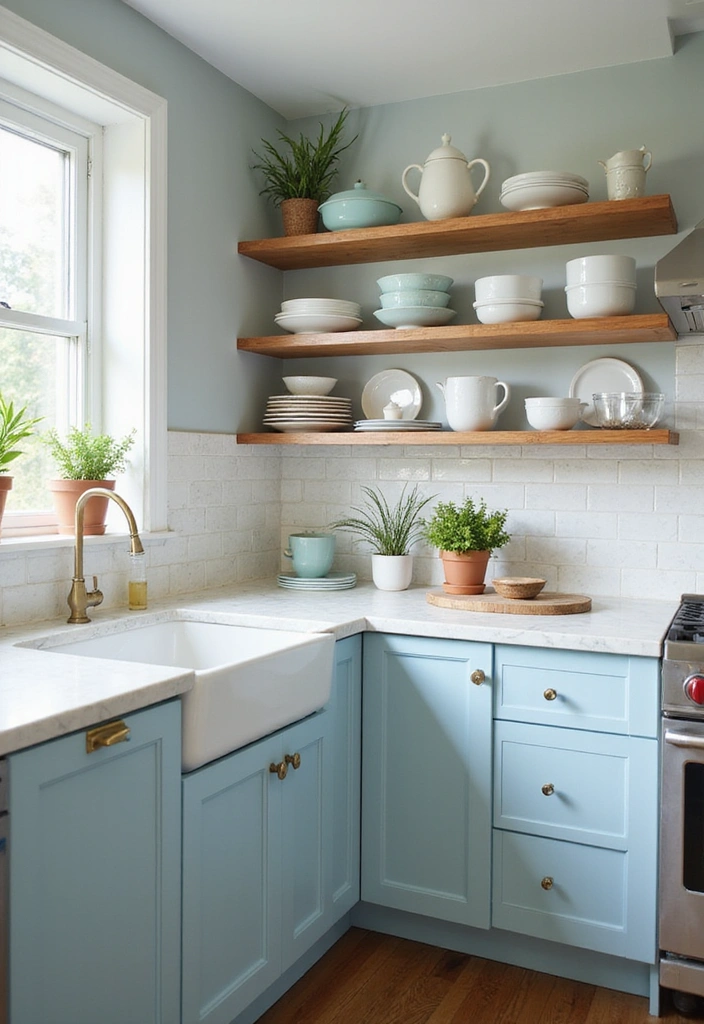 21 Coastal Kitchen Ideas That'll Make You Feel Like You're on Vacation Every Day! - 1. Soft Blue Cabinets